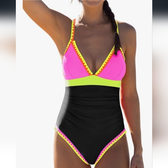Vibrant Pink and Black One-Piece Swimsuit NWT - Picture 1 of 16